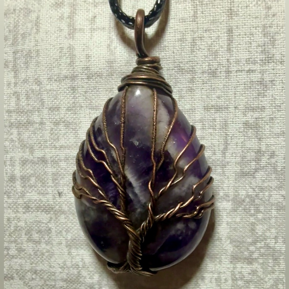 New Handcrafted Amethyst Healing Crystal Necklace w/Tree of Life Copper Wrap